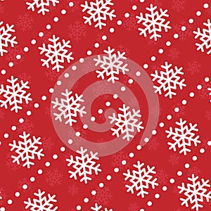 Vector seamless Christmas pattern; white snowflakes on red background.